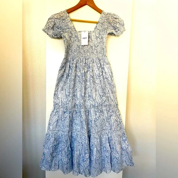 XS OPT: Quality Cotton Midi Sun Dress Paisley Light Blue/White NWT NEW! - Picture 2 of 8